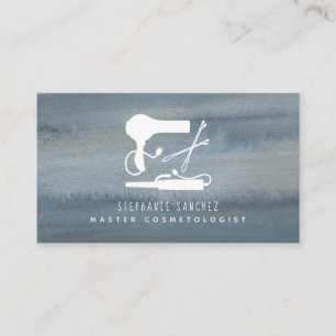 Tarjeta De Visita Hair Tools Salon Cosmetólogo Blue Watercolor