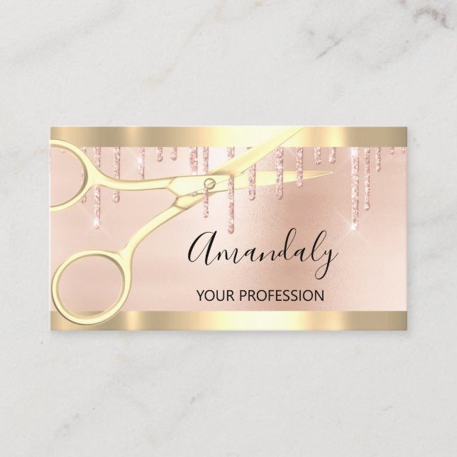 Tarjeta De Visita Hairdresser Coiffeur Gold Scissors Rosa Gold (Anverso)