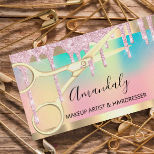 Tarjeta De Visita Hairdresser Scissors Pink Coiffeur Holographic