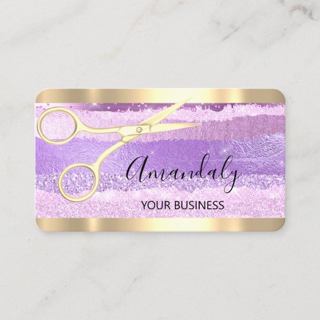 Tarjeta De Visita Hairdresser Stylist Coiffeur Scissors Gold Purple (Anverso)