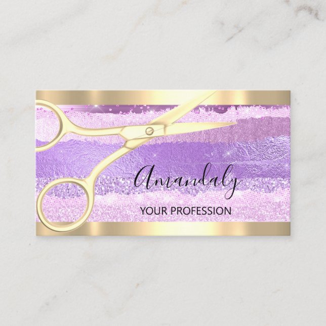 Tarjeta De Visita Hairdresser Stylist Coiffeur Scissors Gold Purple (Anverso)