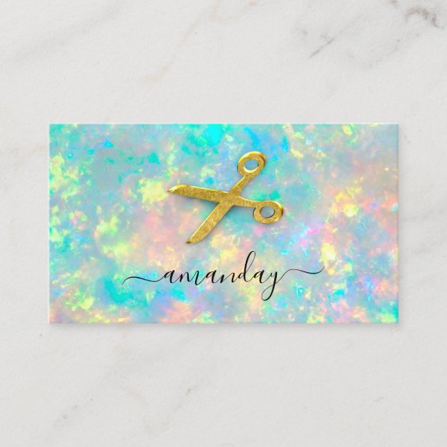 Tarjeta De Visita Hairdresser Stylist Gold Scissors Holograph Opal (Anverso)