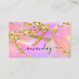 Tarjeta De Visita Hairdresser Stylist Gold Scissors Holograph Pink