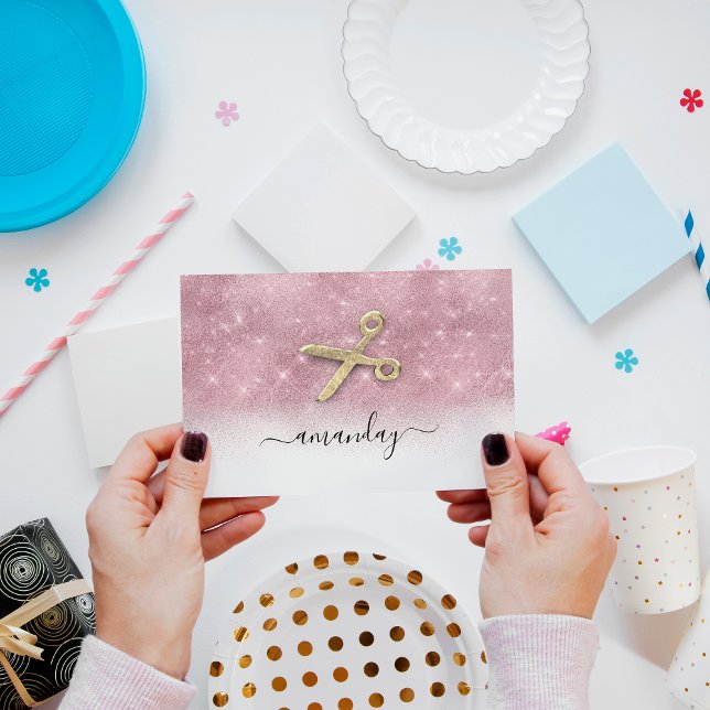 Tarjeta De Visita Hairdresser Stylist Golden Scissors Purpurina rosa (Subido por el creador)