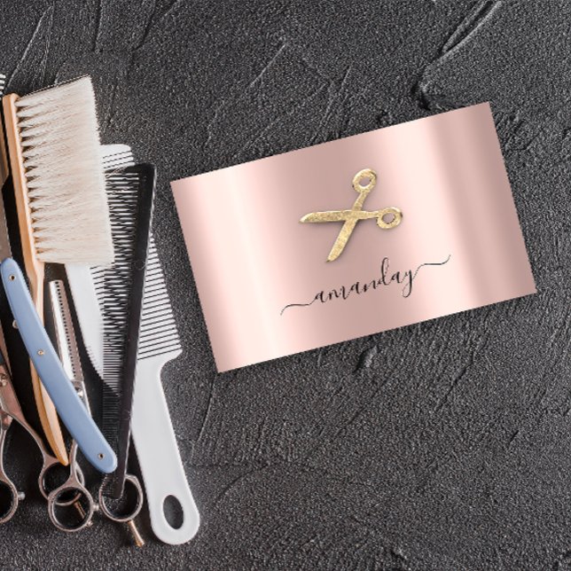 Tarjeta De Visita Hairdresser Stylist Golden Scissors Rosa Rubor (Hairdresser Stylist Golden Scissors Rose Blush Business Card)