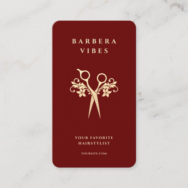 Tarjeta De Visita Hairstylist Barbershop Gold Scissors Floral (Anverso)