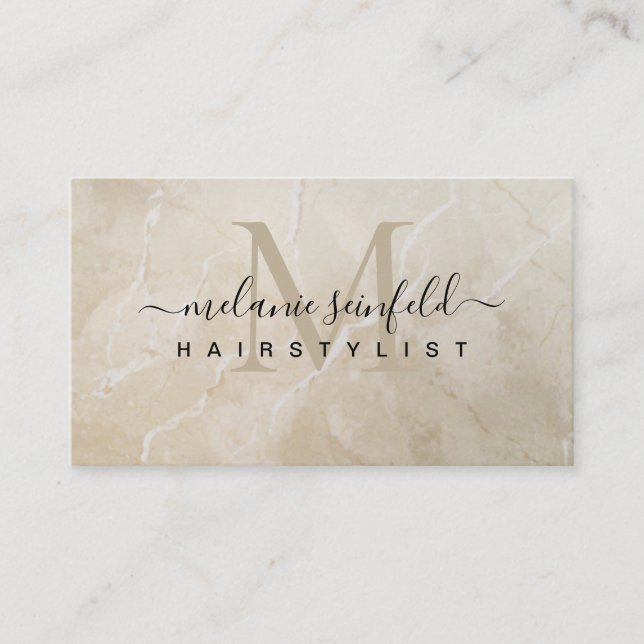Tarjeta De Visita Hairstylist Beige Salón De Belleza De Mármol Beige (Anverso)