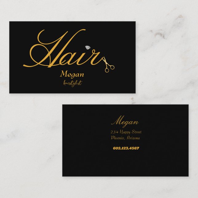 Tarjeta De Visita Hairstylist Black & Gold Scissors Elegant (Anverso / Reverso)