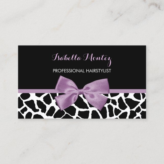 Tarjeta De Visita Hairstylist Cute Giraffe Print Lavender Purple Bow (Anverso)