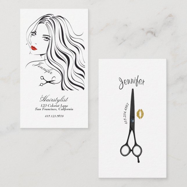 Tarjeta De Visita Hairstylist Dibujando Largos Labios Rojos De Pelo  (Anverso / Reverso)