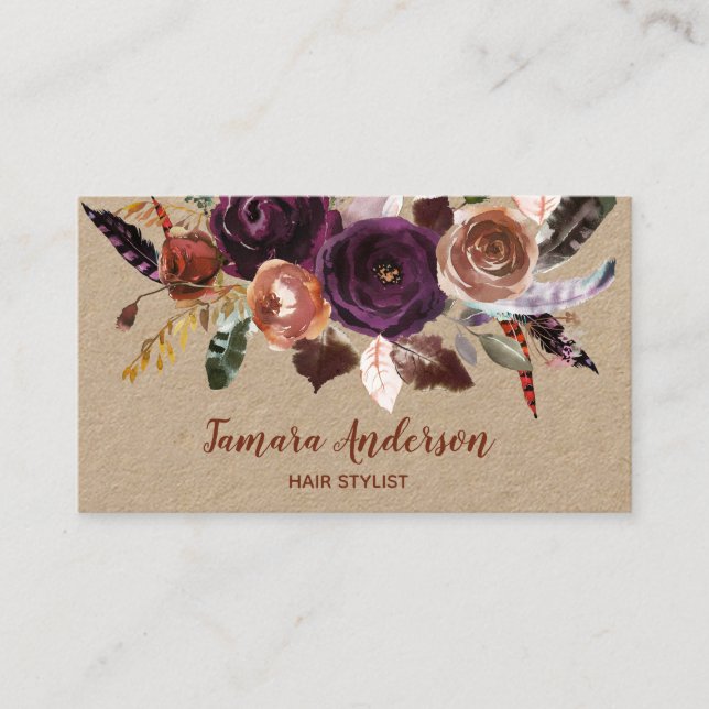 Tarjeta De Visita Hairstylist floral de cobre púrpura profesional (Anverso)