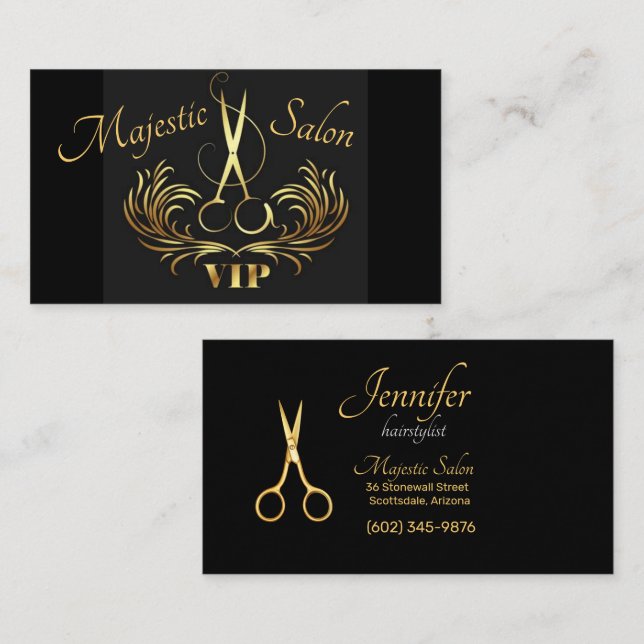 Tarjeta De Visita Hairstylist Gold Scissors, Swirls VIP (Anverso / Reverso)
