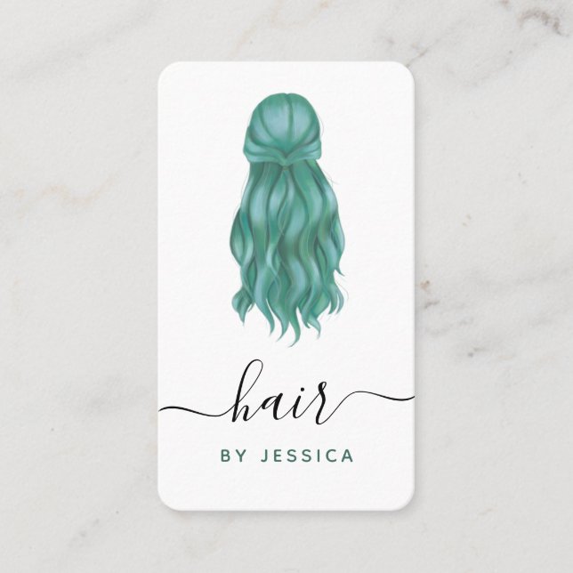 Tarjeta De Visita Hairstylist Green Wavy Hair Hairstylist Add Logo S (Anverso)