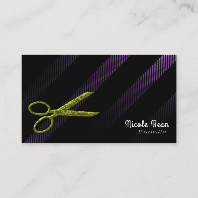 Tarjeta De Visita Hairstylist Hair Dresser Purple & Green Scisors (Anverso)