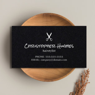 Tarjeta De Visita Hairstylist negro elegante minimalista de Whiite