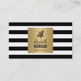 Tarjeta De Visita Hairstylista Retro Black White Strips Gold Square