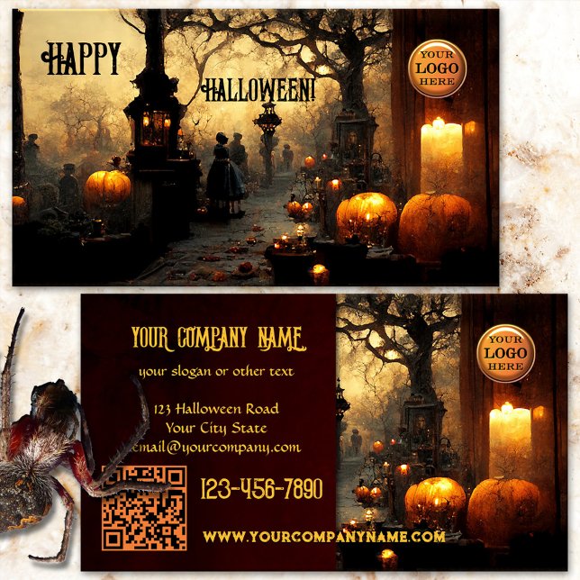 Tarjeta De Visita Halloween en el césped de fantasía (Halloween business card featuring a spooky graveyard at dusk with burning candles and pumpkins)