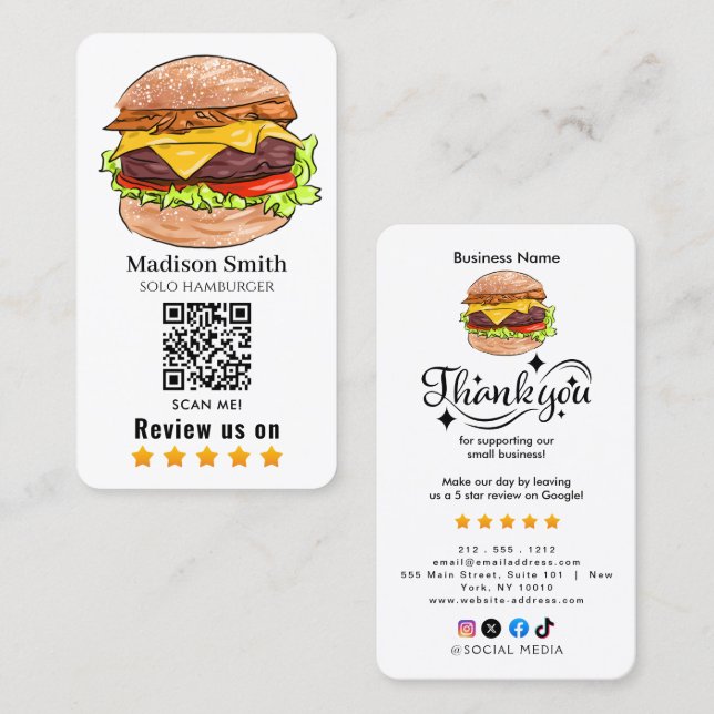 Tarjeta De Visita hamburger  review QR Code  (Anverso / Reverso)