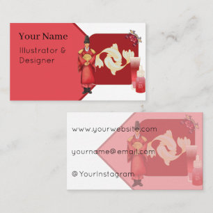 Tarjeta De Visita Hanbok Rojo Real Hombre y Arte de Peces Koi