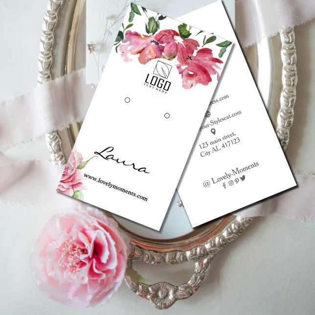 Tarjeta De Visita Hand-painted watercolor flowers earring display  (Hand-painted watercolor flowers earring display business card #flowersearrringdisplaycard #zazzle)