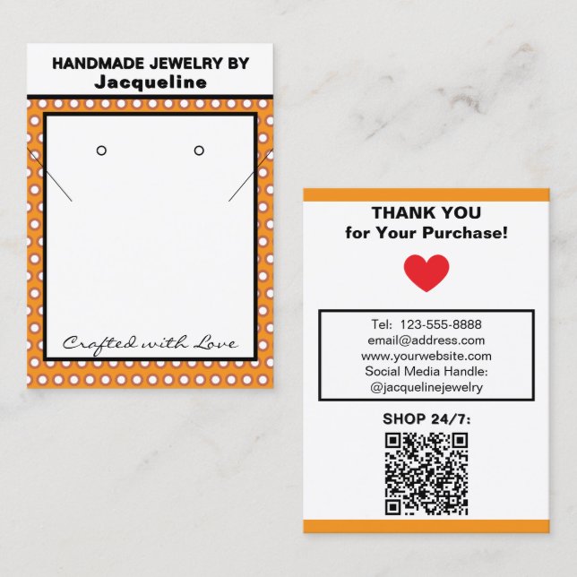 Tarjeta De Visita Handmade Jewelry Orange White Polka Dots (Anverso / Reverso)
