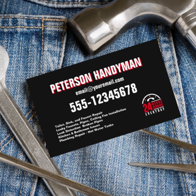 TARJETA DE VISITA HANDYMAN 24 HORAS EMERGENCIA ROJO NEGRO (Subido por el creador)