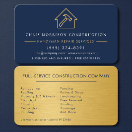 Tarjeta De Visita Handyman Construction Metal Gold Navy Blue 