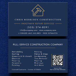 Tarjeta De Visita Handyman Construction Navy Blue Gold QR Code