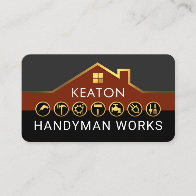 Tarjeta De Visita Handyman Construction Service Gold Rooftop (Anverso)