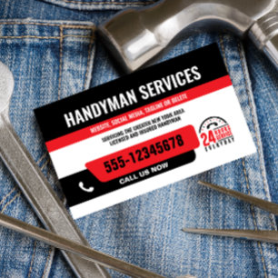 TARJETA DE VISITA HANDYMAN FIX IT TIPO URGENTE REPARACIÓN ROJO NEGRO