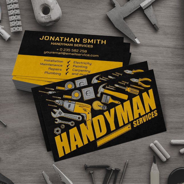 Tarjeta De Visita Handyman services grunge herramientas amarillas (Subido por el creador)