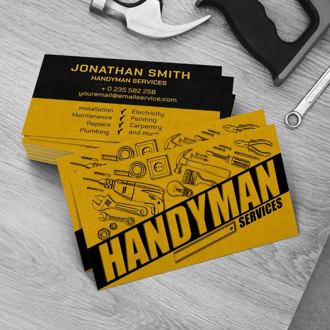 Tarjeta De Visita Handyman services grunge herramientas amarillas (Subido por el creador)
