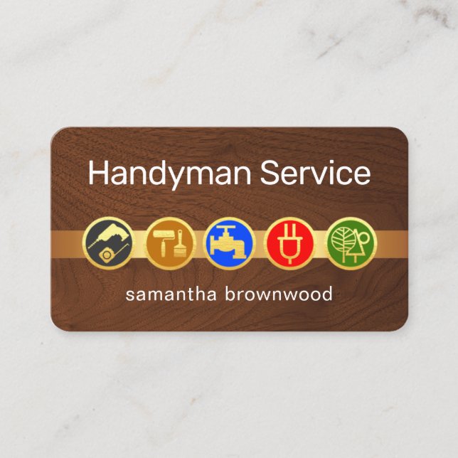 Tarjeta De Visita Handyman Tool Icons On Gold Tab Timber Wood (Anverso)