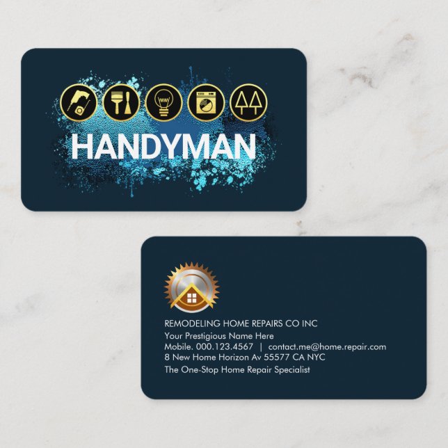 Tarjeta De Visita Handyman Tools On Blue Paint Splatter (Anverso / Reverso)