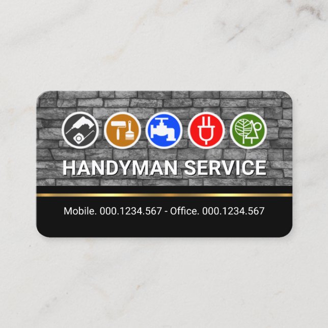Tarjeta De Visita Handyman Tools On Bricks Gold Line (Anverso)