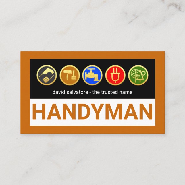 Tarjeta De Visita Handyman Tools On Brown Border (Anverso)