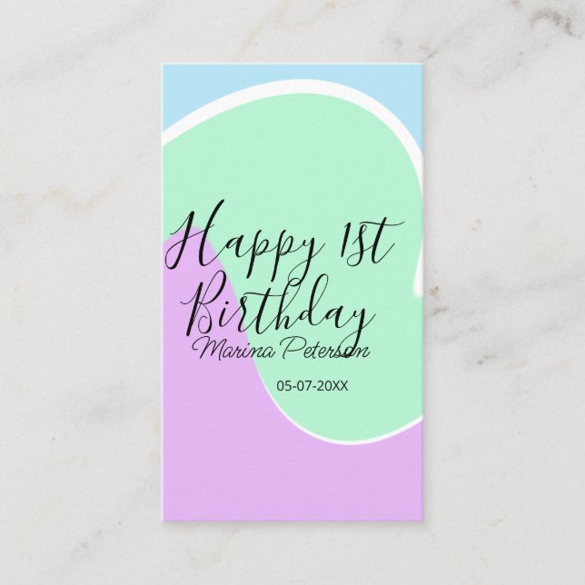 Tarjeta De Visita Happy 1st birthday pink green blue acrylic pour  (Anverso)