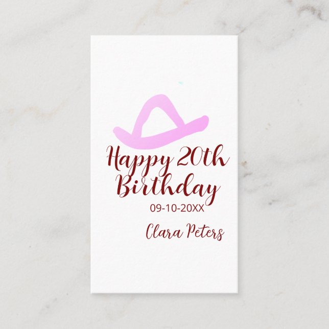 Tarjeta De Visita Happy 20th birthday pink cowboy girl name date sim (Anverso)