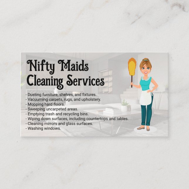 Tarjeta De Visita Happy Maid with Feather Duster | Clean Living Room (Anverso)
