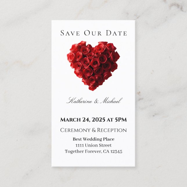 Tarjeta De Visita Heart Shaped Red Rose-Save the Date- (Anverso)