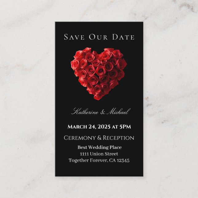 Tarjeta De Visita Heart Shaped Red Rose-Save the Date- (Anverso)