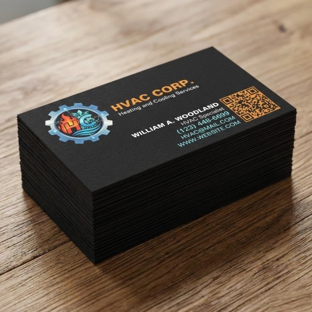 Tarjeta De Visita Heating and Cooling Logo & Qr Code | Black HVAC (minimalist HVAC business cards. Designed for true heating and cooling specialists)