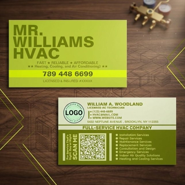 Tarjeta De Visita Heating & Cooling & Air Conditioning | Green HVAC (logo air conditioning contractor cards, heating tech business cards, modern cards with QR code)