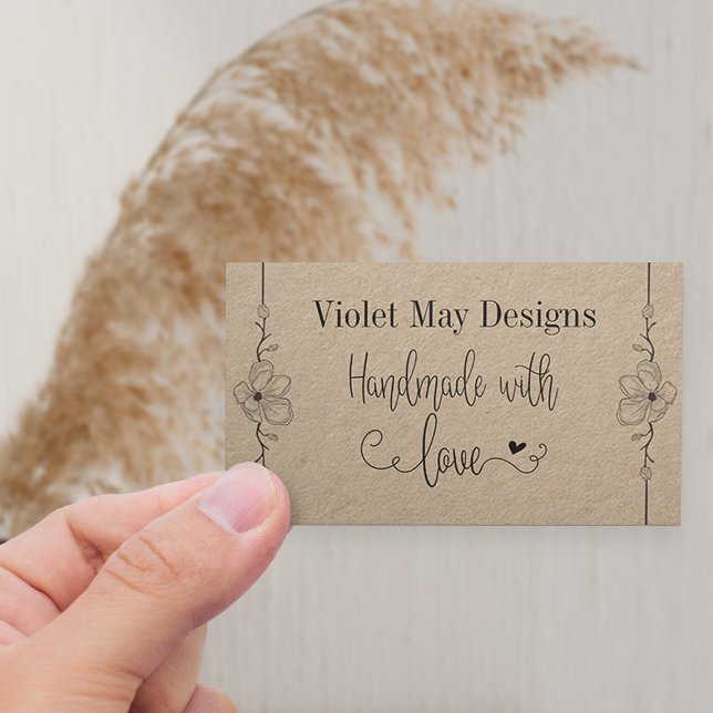 Tarjeta De Visita Hecho a mano con amor Kraft femenino (Horizontal Business Card with elegant flowers on kraft)
