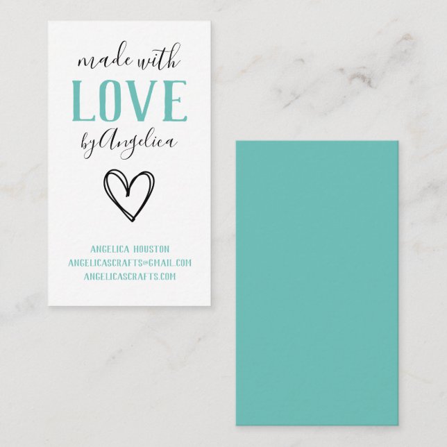 Tarjeta De Visita Hecho con amor Script Turquoise Heart (Anverso / Reverso)