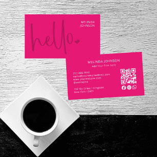 Tarjeta De Visita Hello Heart Hot Pink Script QR Code Social Media