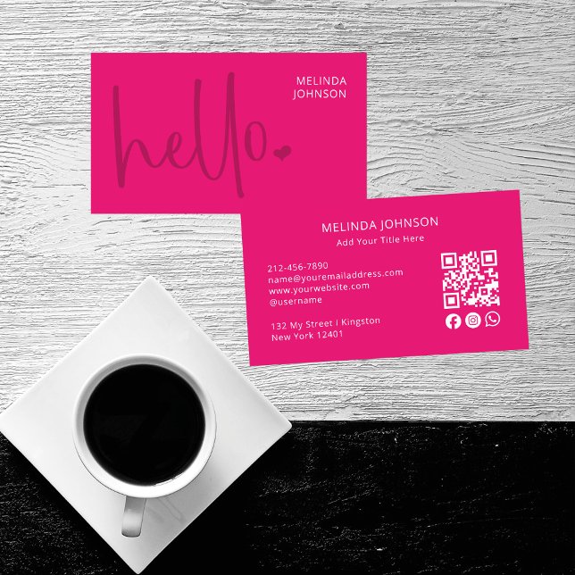 Tarjeta De Visita Hello Heart Hot Pink Script QR Code Social Media (Subido por el creador)