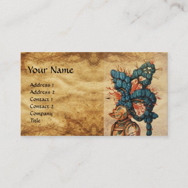 TARJETA DE VISITA HELMET ANTIGUO KNIGHT CON PIES AZULES ROJOS (Anverso)