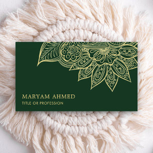 Tarjeta De Visita Henna Islámica Verde Dorado Mehndi