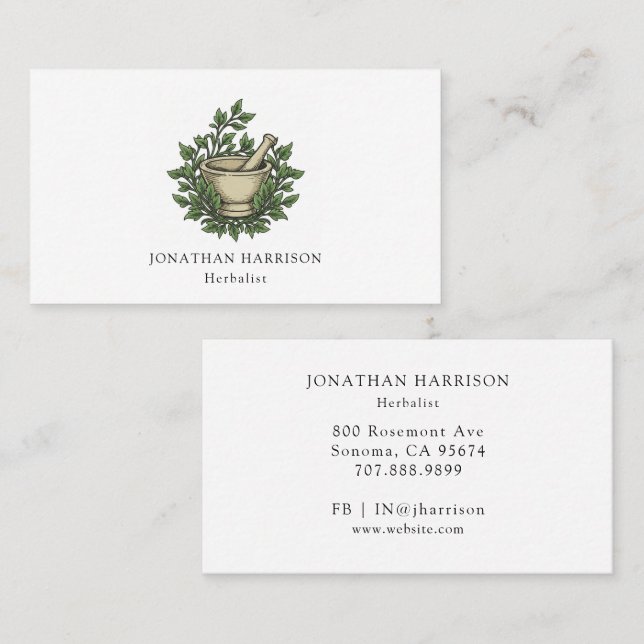 Tarjeta De Visita Herbario de Mortero Ilustrado Herbáceo Pestle (Anverso / Reverso)